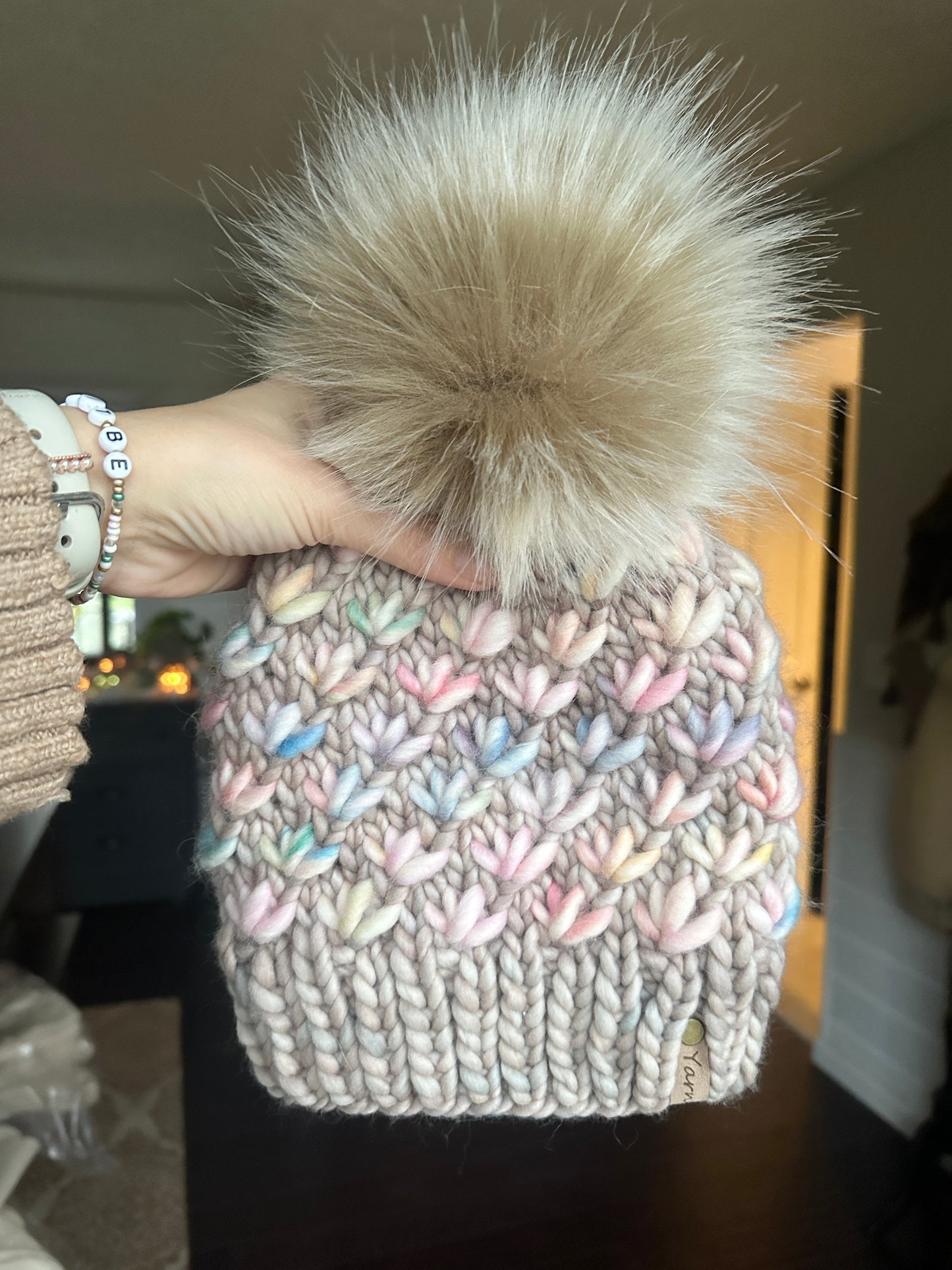 Merino wool and Peruvian wool knit hat with faux fur Pom