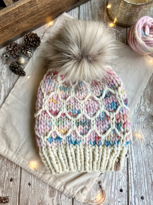 Merino and Peruvian wool knit hat with faux fur Pom