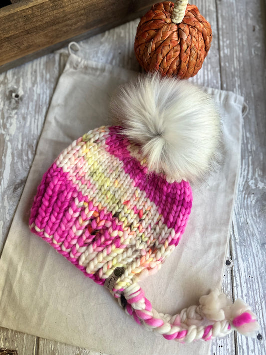 Child 4-7 yr merino wool knit split brim beanie with faux fur Pom