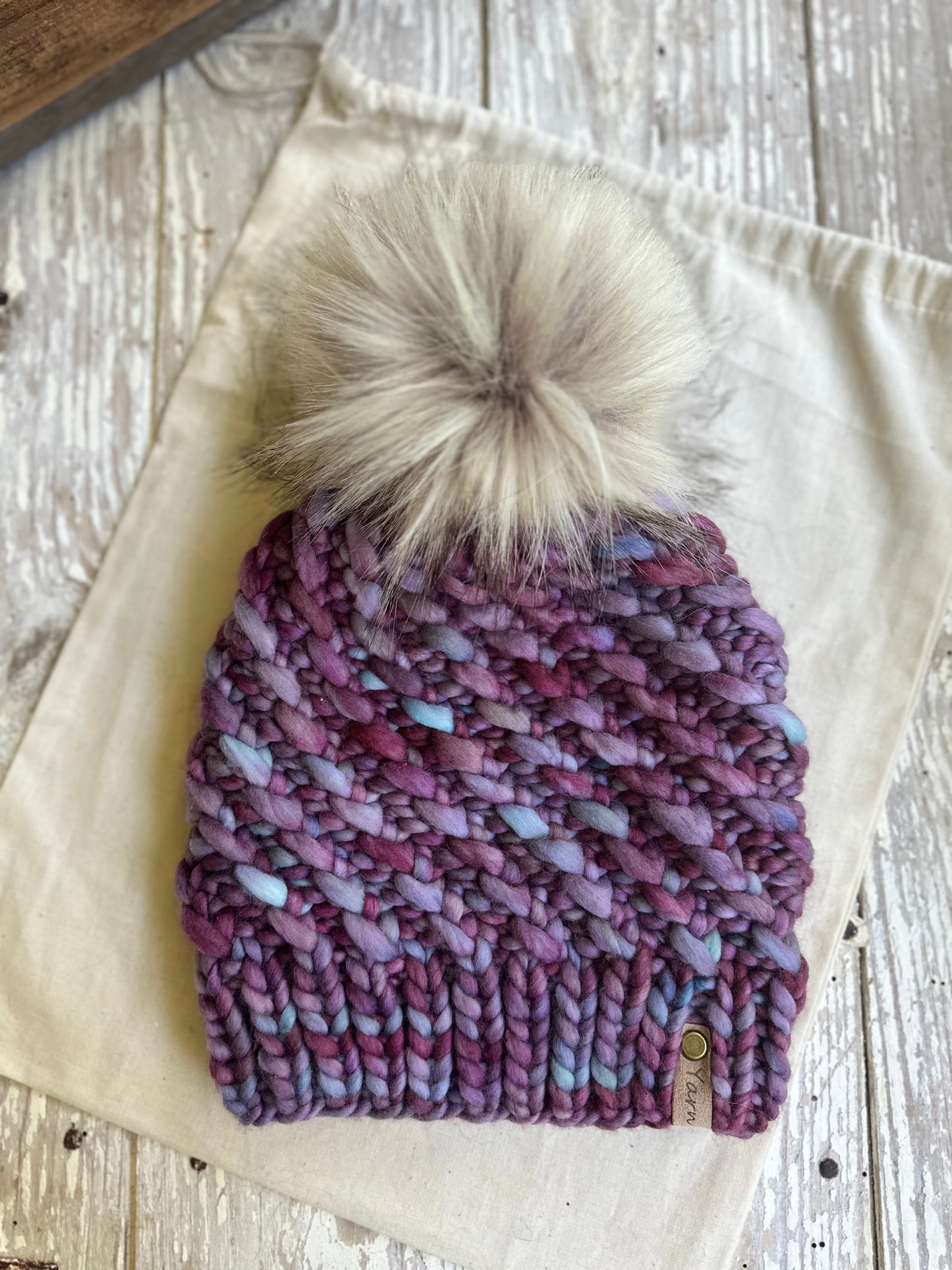 Merino wool knit set- hat with faux fur pom and mittens