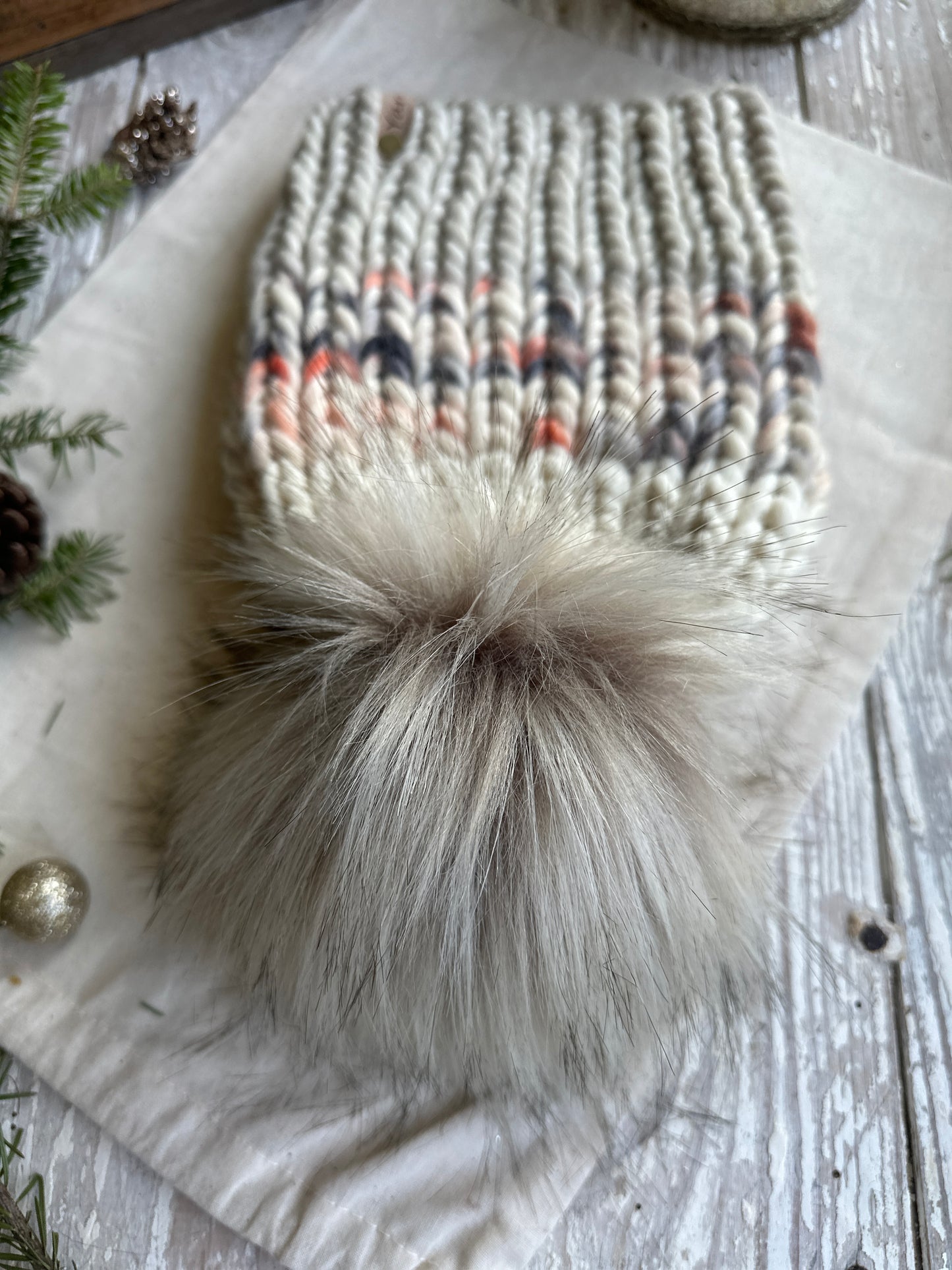 Merino and Peruvian Wool knit hat with faux fur Pom