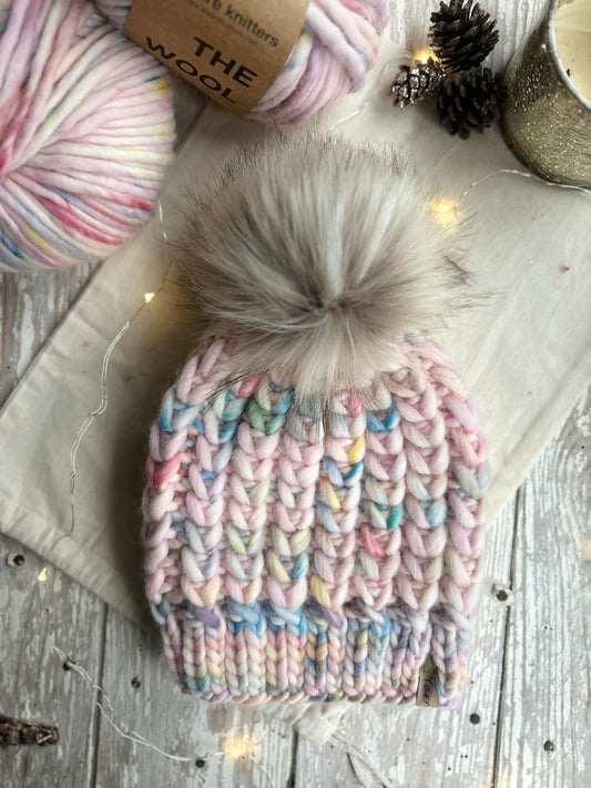 Peruvian wool knit hat with faux fur Pom