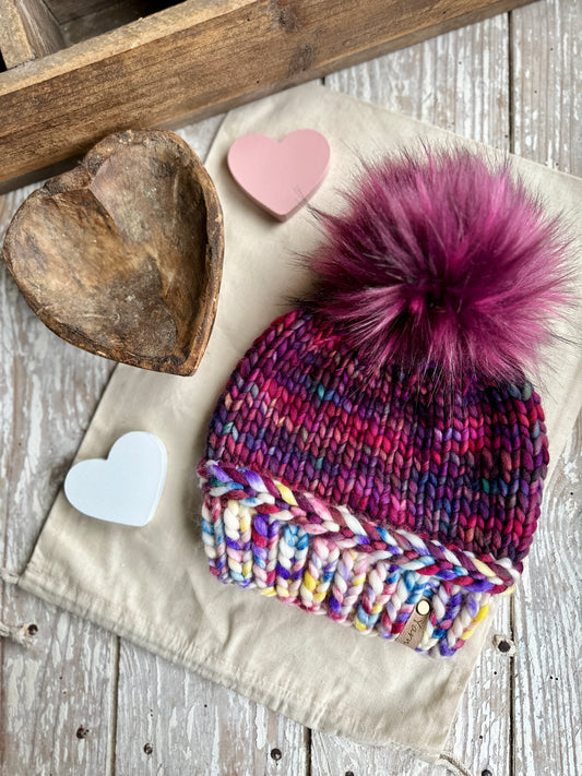Child 4-7 yr merino wool knit hat with faux fur Pom