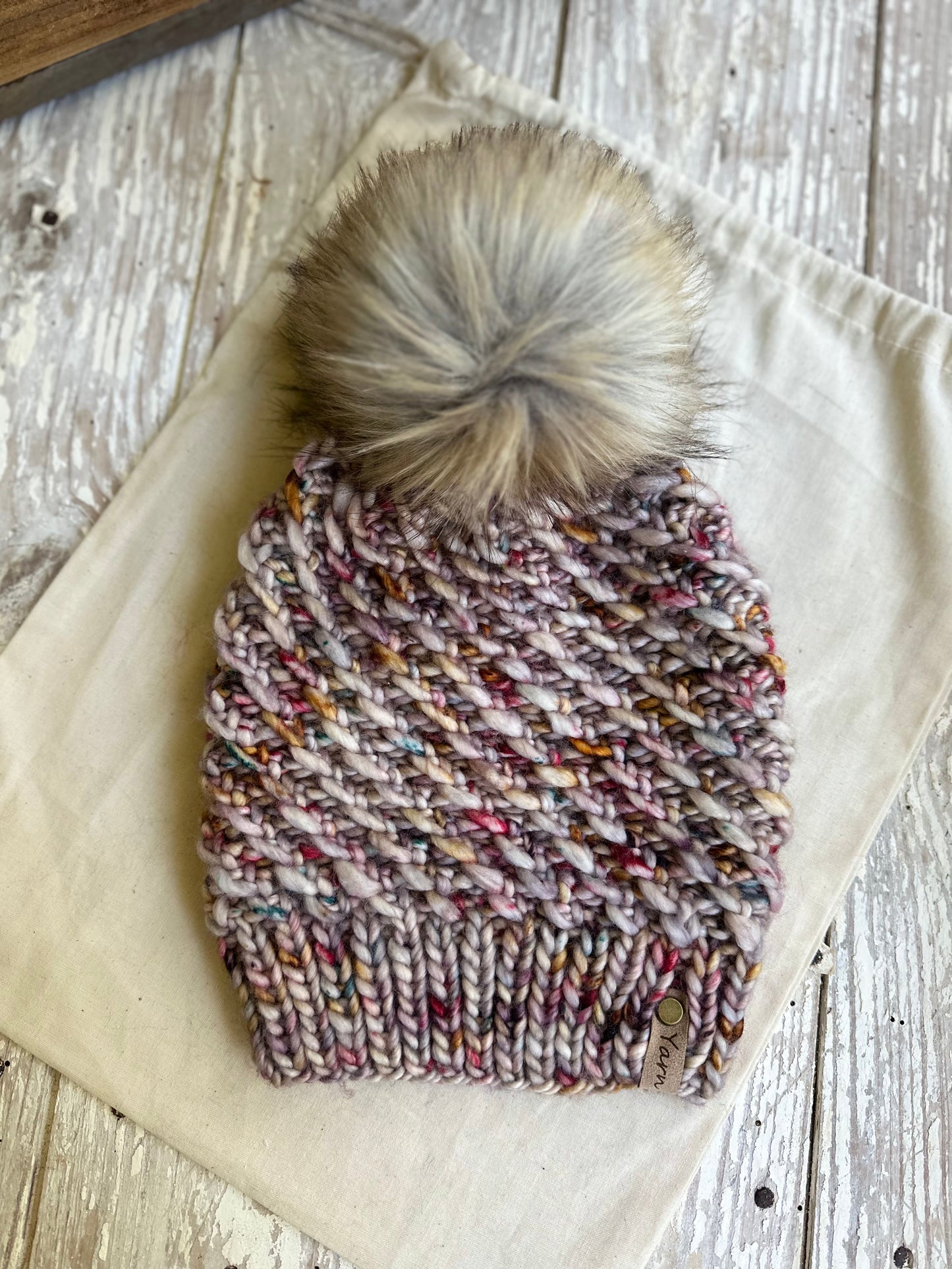 Merino wool knit set- hat with faux fur Pom and mittens