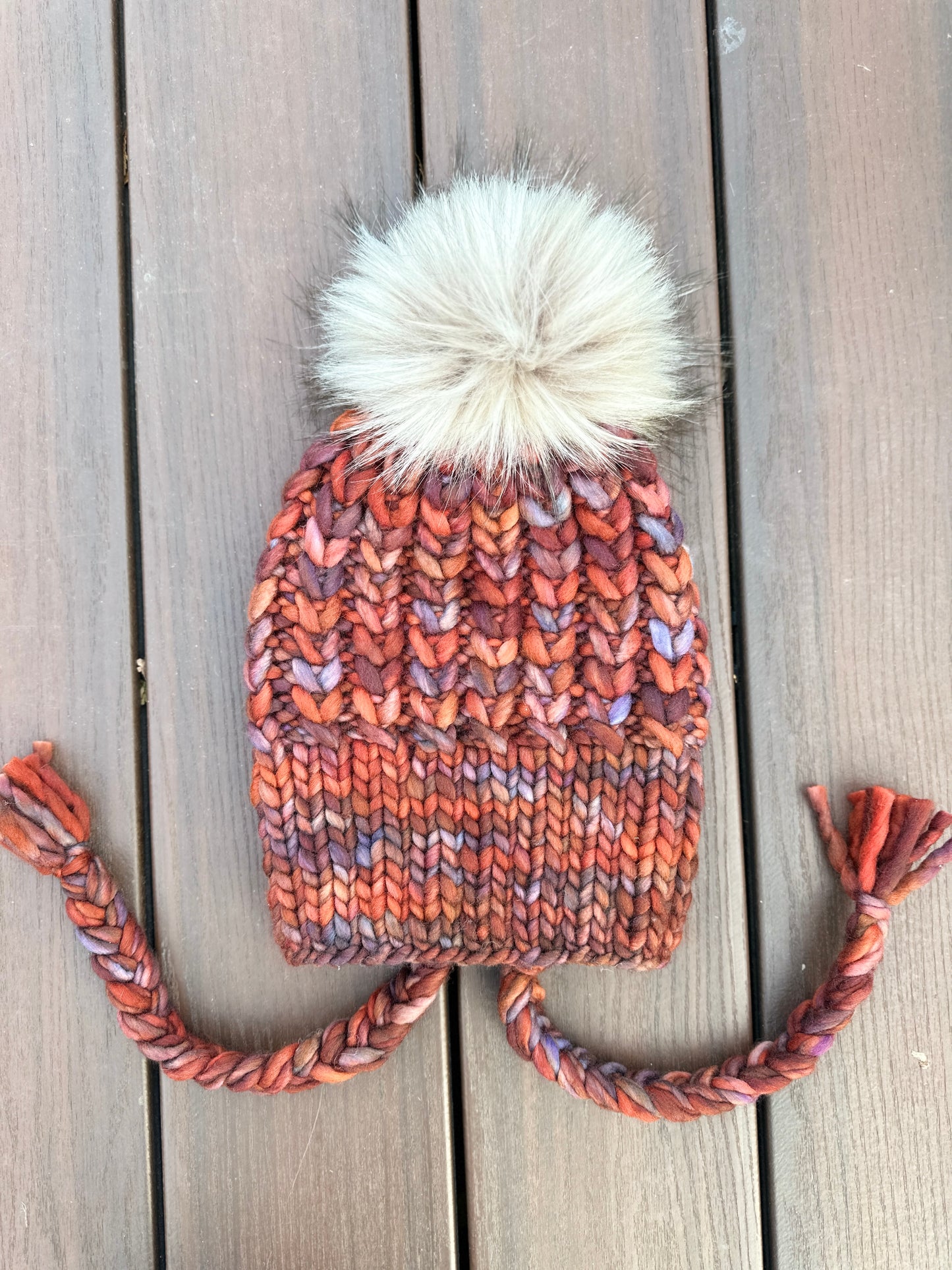 Merino wool split brim knit hat with faux fur Pom