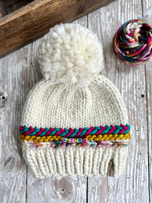 Friendship Bracelet merino wool knit hat with merino wool Pom