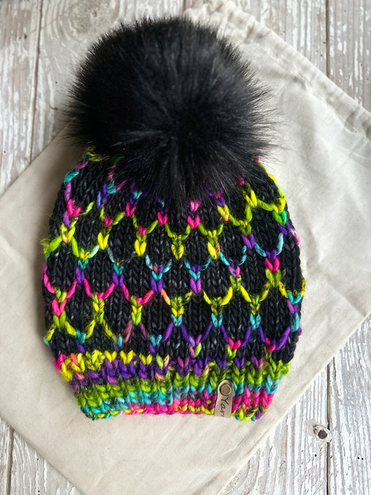 Merino wool knit hat with faux fur pom