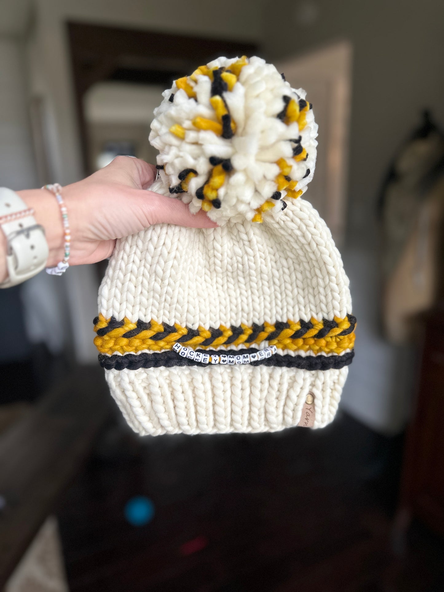 Hockey mom merino wool knit hat with merino wool Pom