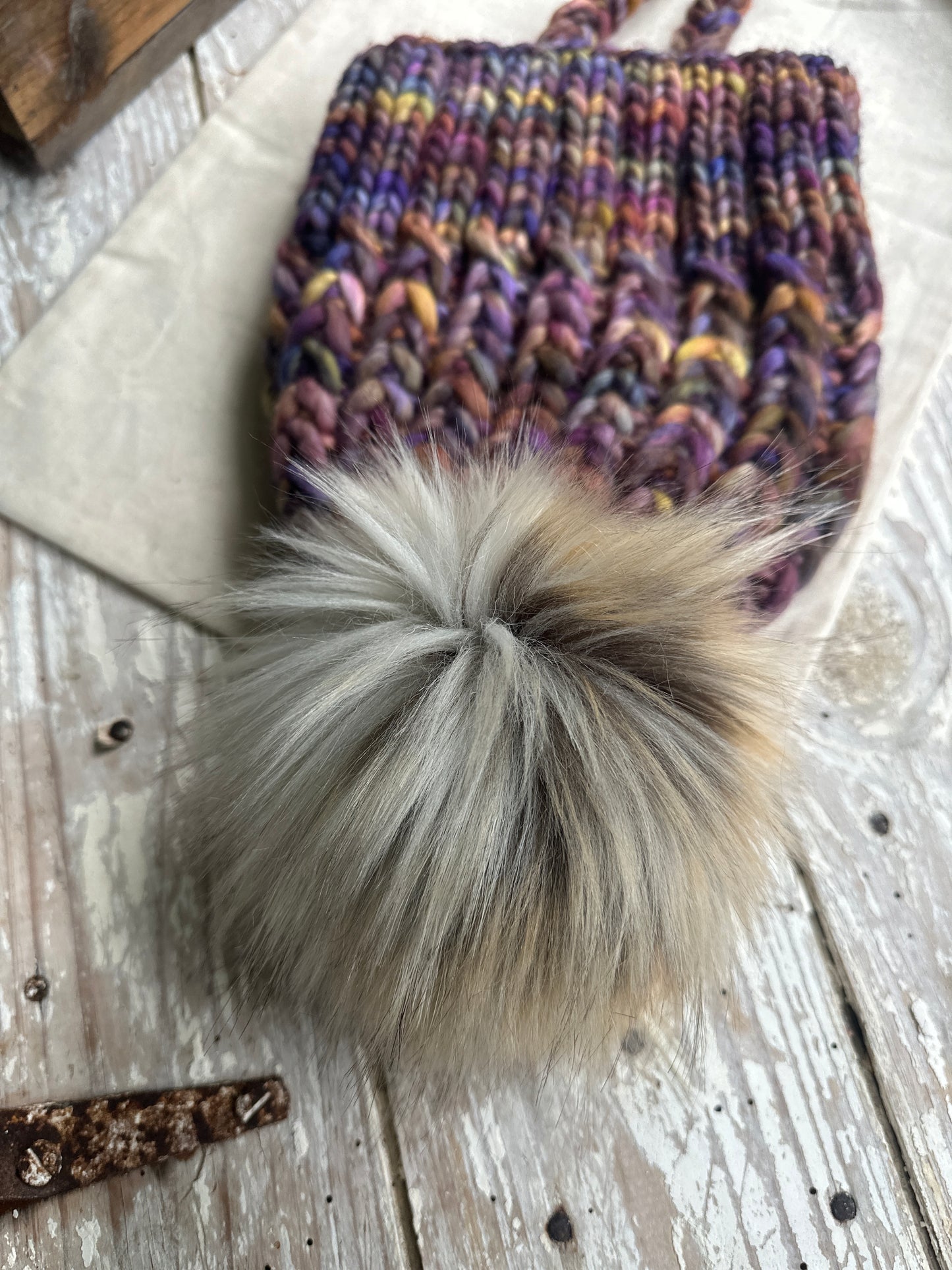 Merino wool split brim hat with faux fur Pom