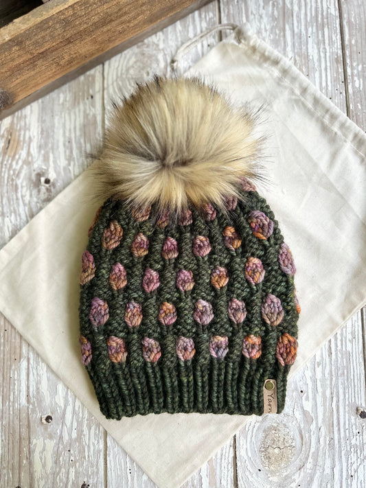Slouchy Merino wool knit hat with faux fur pom