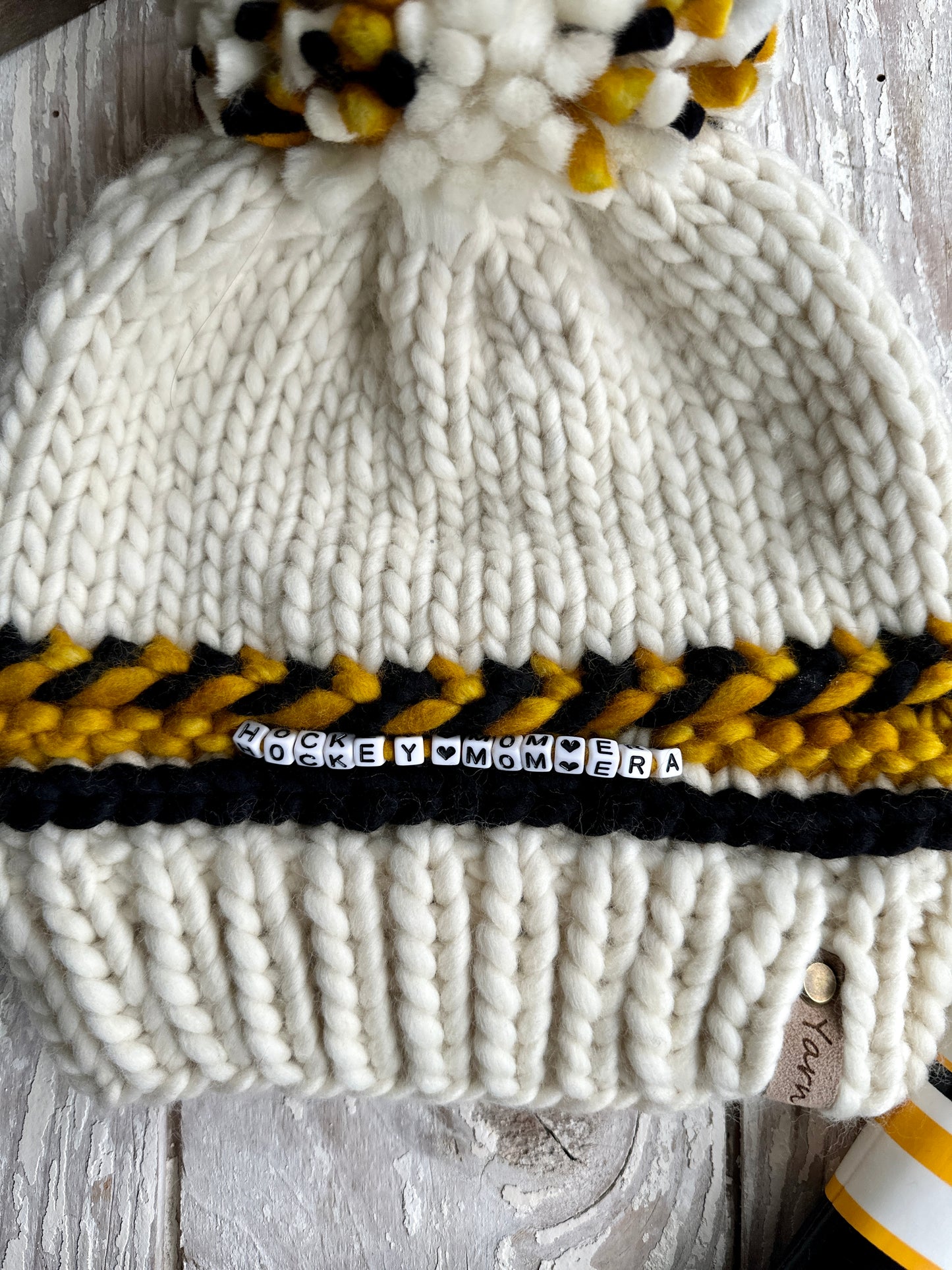 Hockey mom merino wool knit hat with merino wool Pom