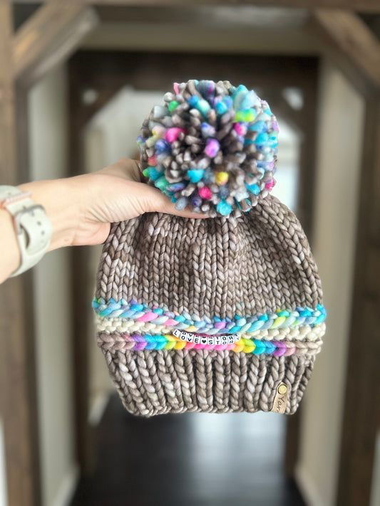 Friendship bracelet merino wool knit hat with merino wool pom