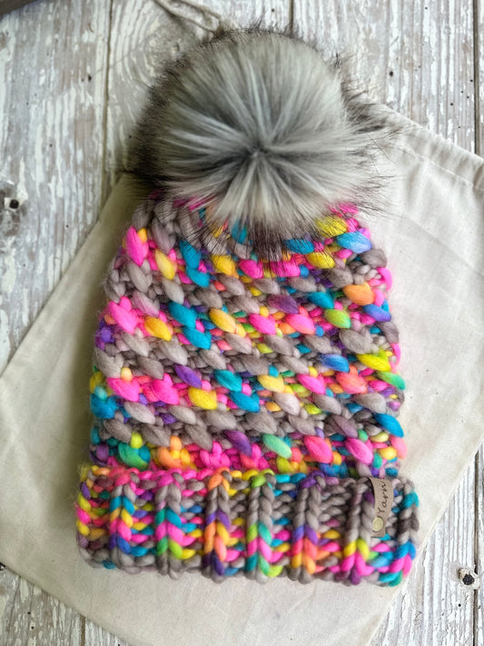 Reserved for Marnie: Merino wool folded brim  knit hat with faux fur Pom and merino wool mittens