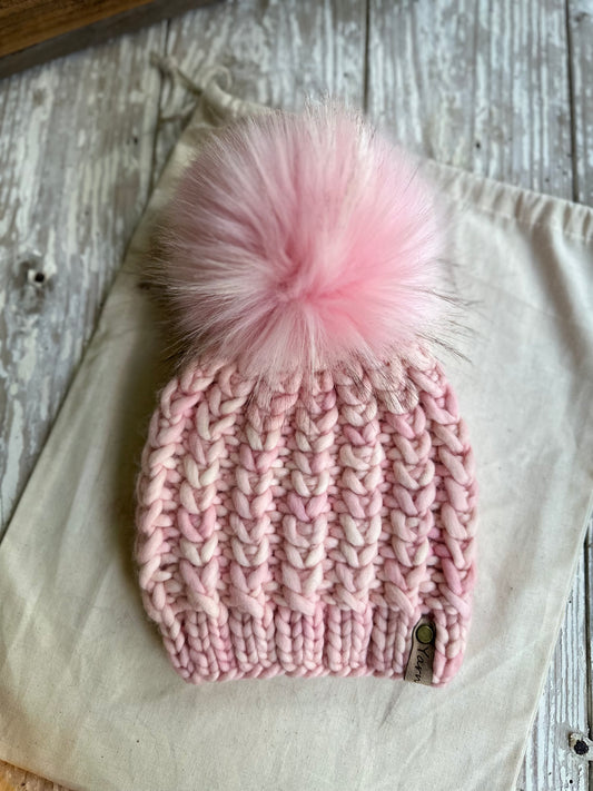 Toddler 1-3 yr Merino wool knit hat with faux fur Pom
