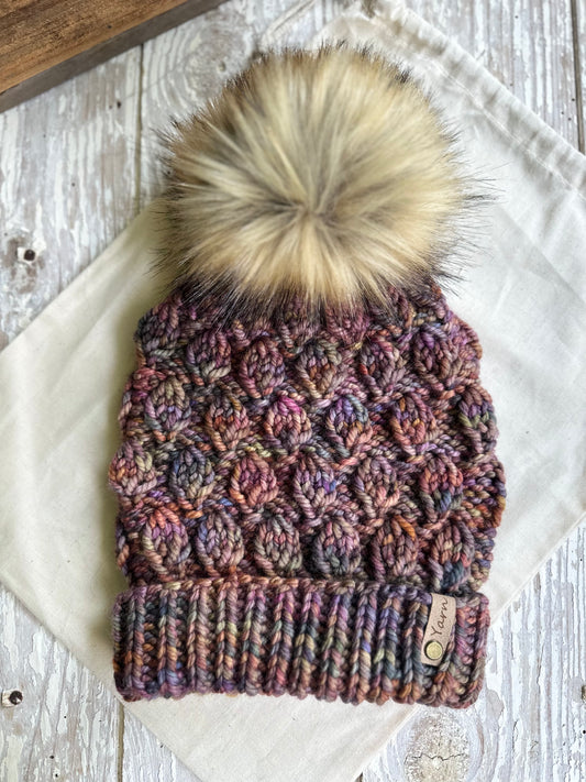 Merino wool knit folded brim beanie with faux fur pom