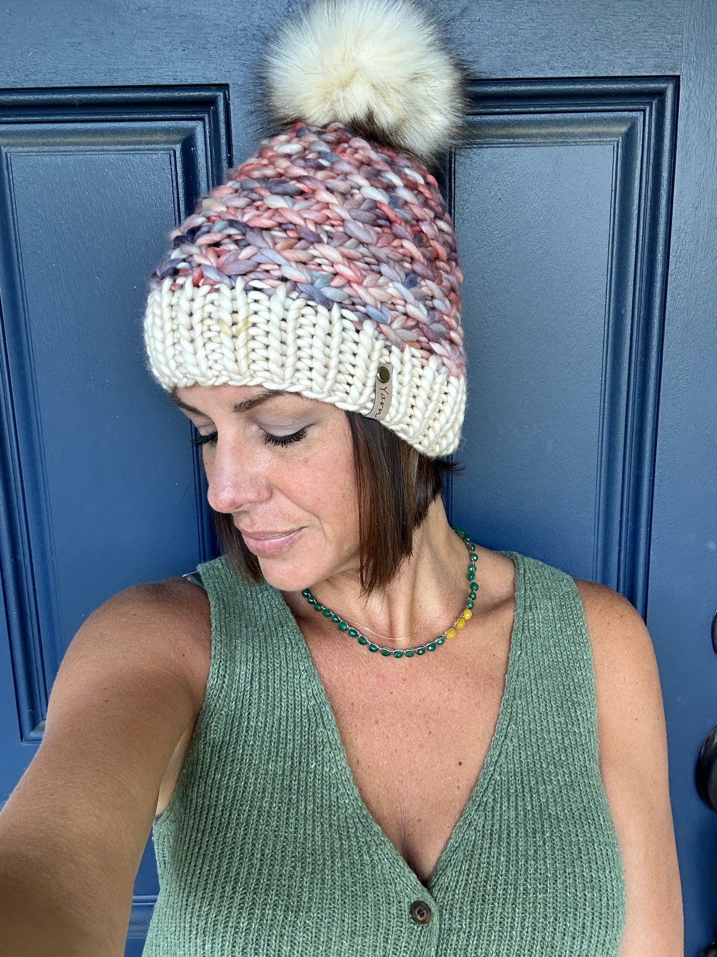 Merino wool knit hat with faux fur Pom