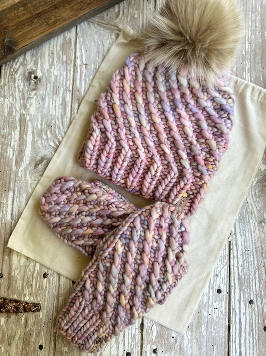 Merino wool knit set- hat with faux fur pom and mittens