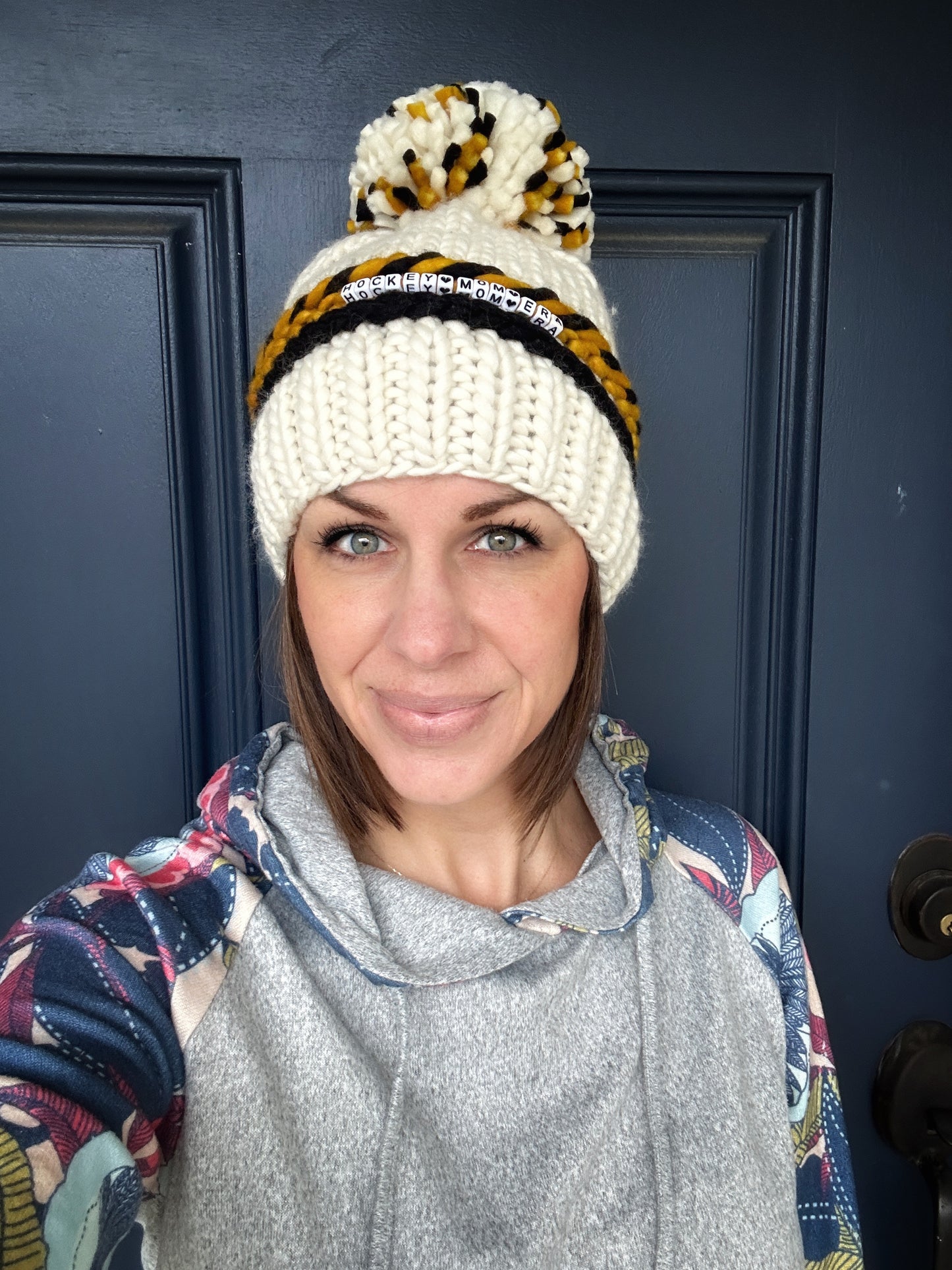 Hockey mom merino wool knit hat with merino wool Pom