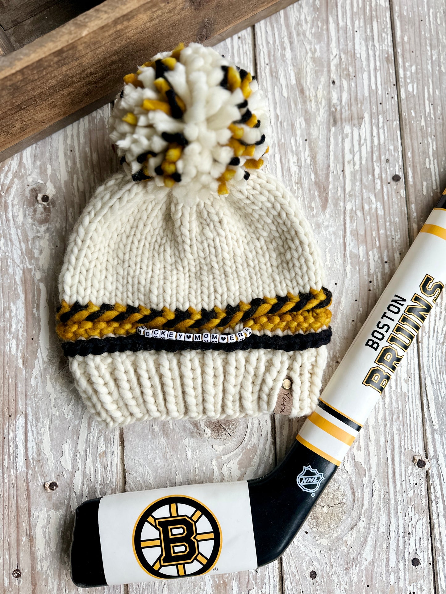 Hockey mom merino wool knit hat with merino wool Pom