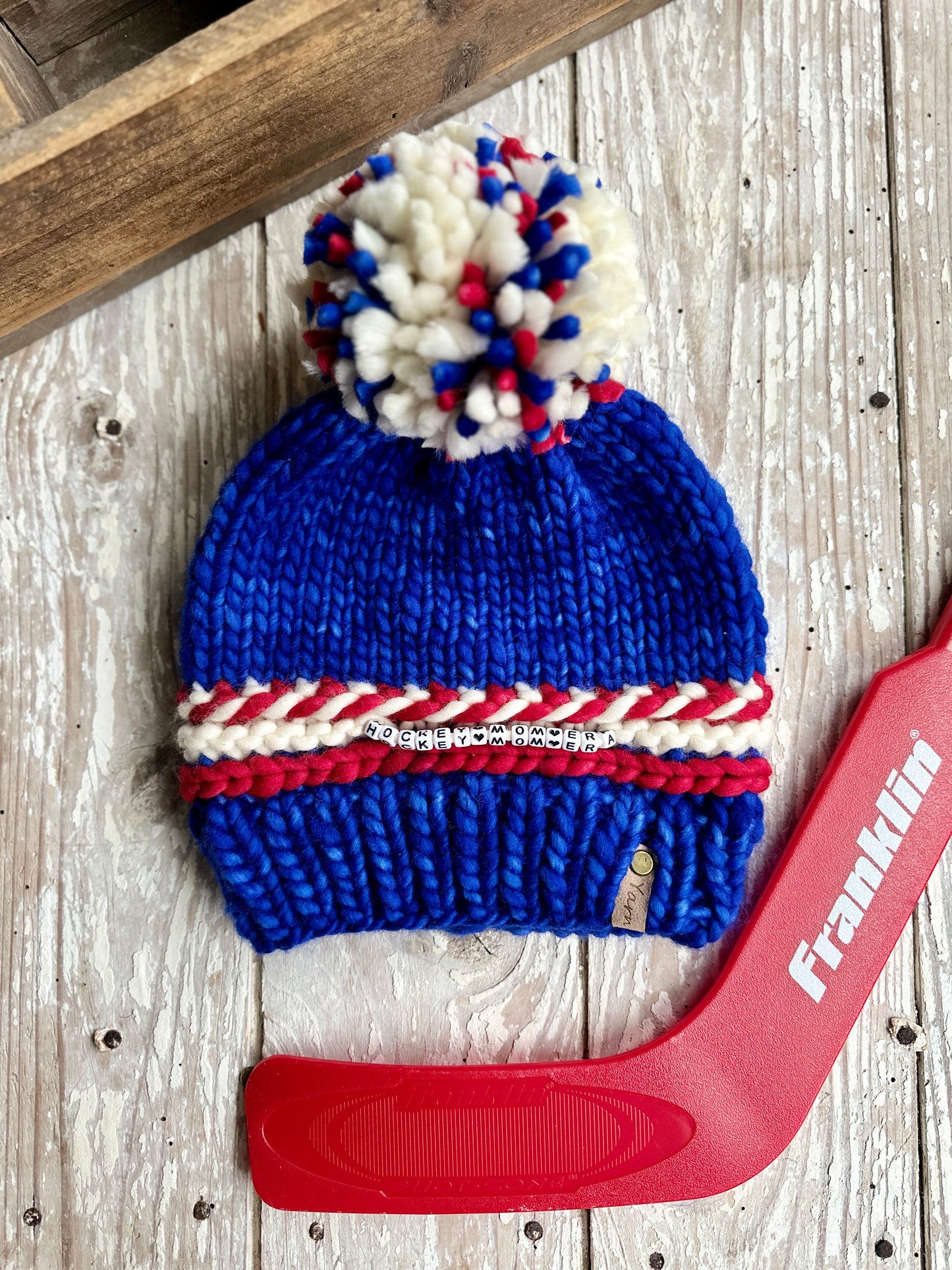 Hockey mom merino wool knit hat with merino wool Pom