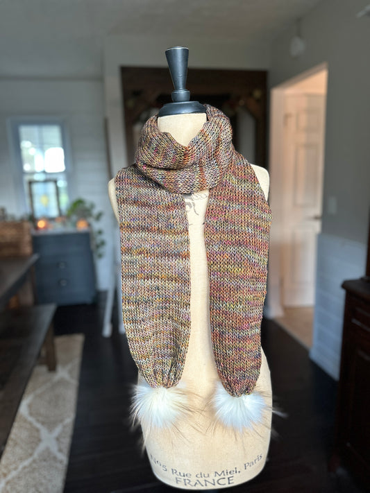 Merino wool knit scarf with faux fur Poms