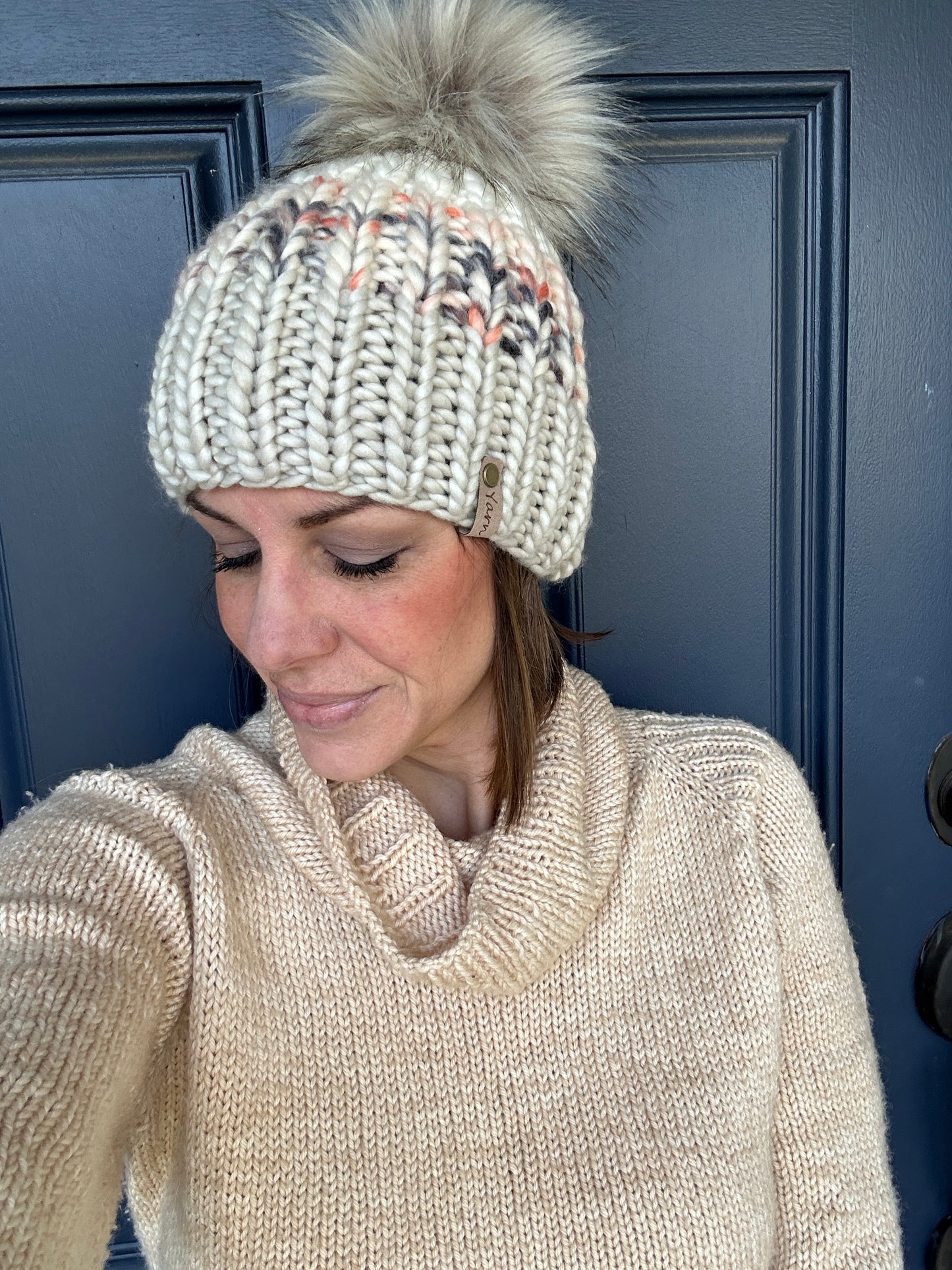 Merino and Peruvian Wool knit hat with faux fur Pom
