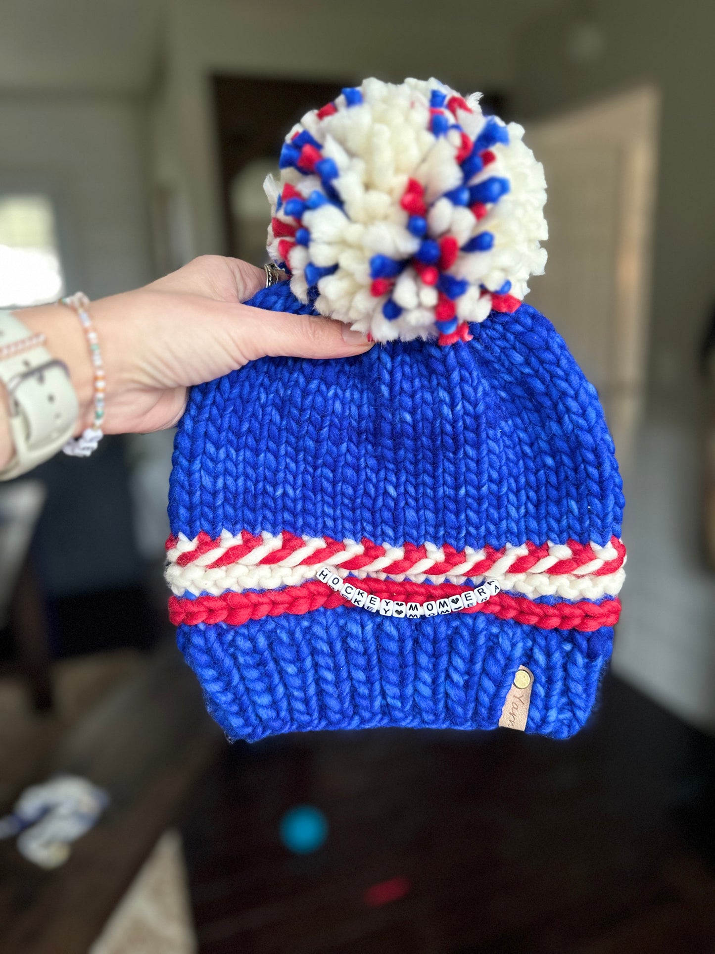 Hockey mom merino wool knit hat with merino wool Pom