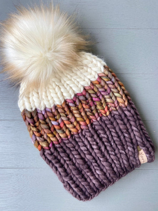 Merino wool knit hat with faux fur Pom