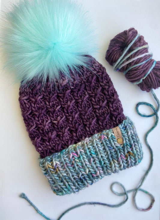 Merino wool knit folded brim knit hat with faux fur Pom