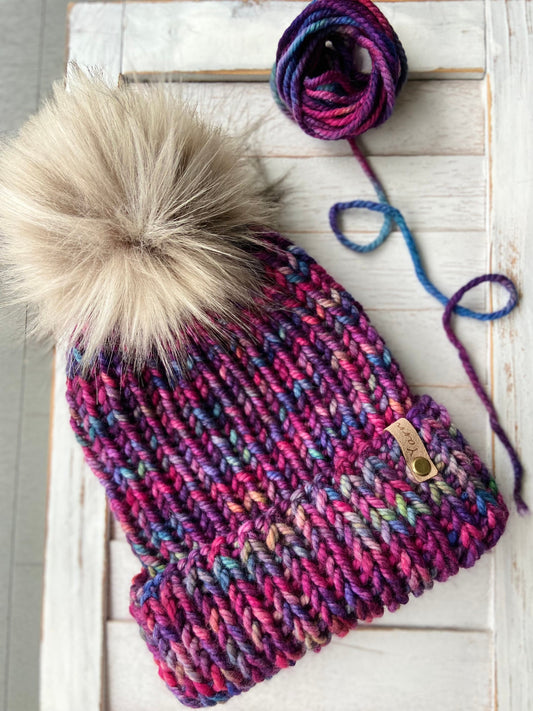 Merino wool folded brim knit hat with faux fur Pom