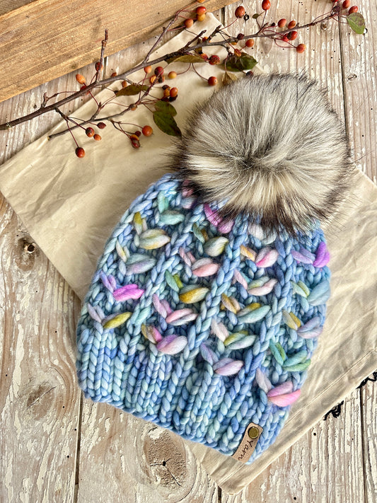 Merino wool knit hat with faux fur Pom