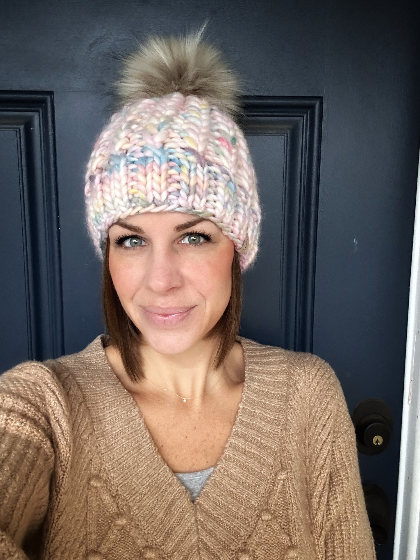 Peruvian wool knit hat with faux fur Pom