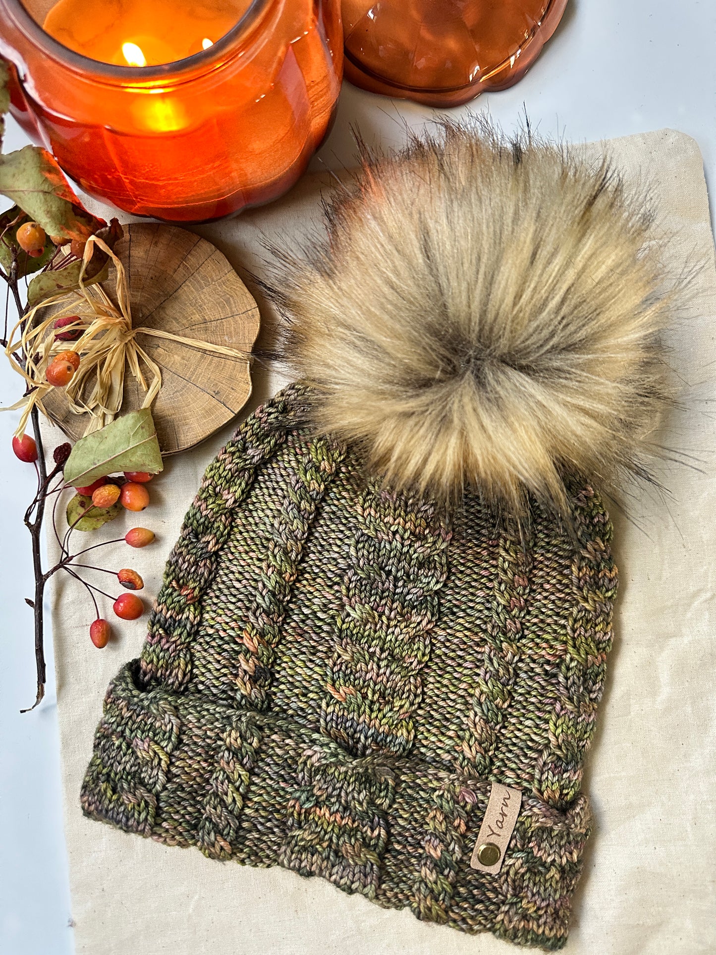 Merino wool folded brim knit cable beanie