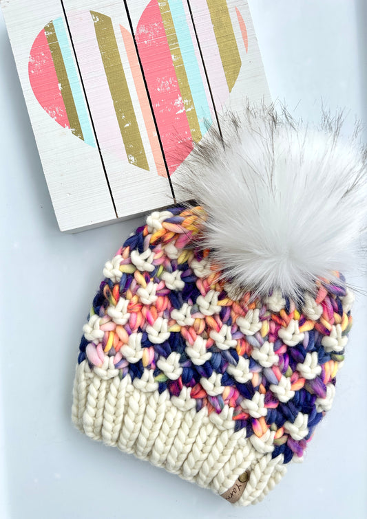 Merino wool knit hat with faux fur Pom
