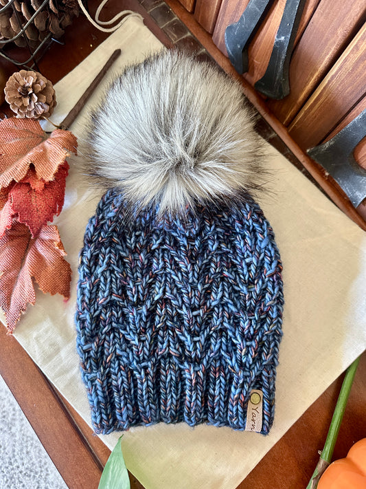 Merino wool knit hat with faux fur Pom