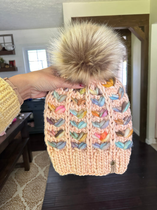 Merino wool knit hat with faux fur Pom