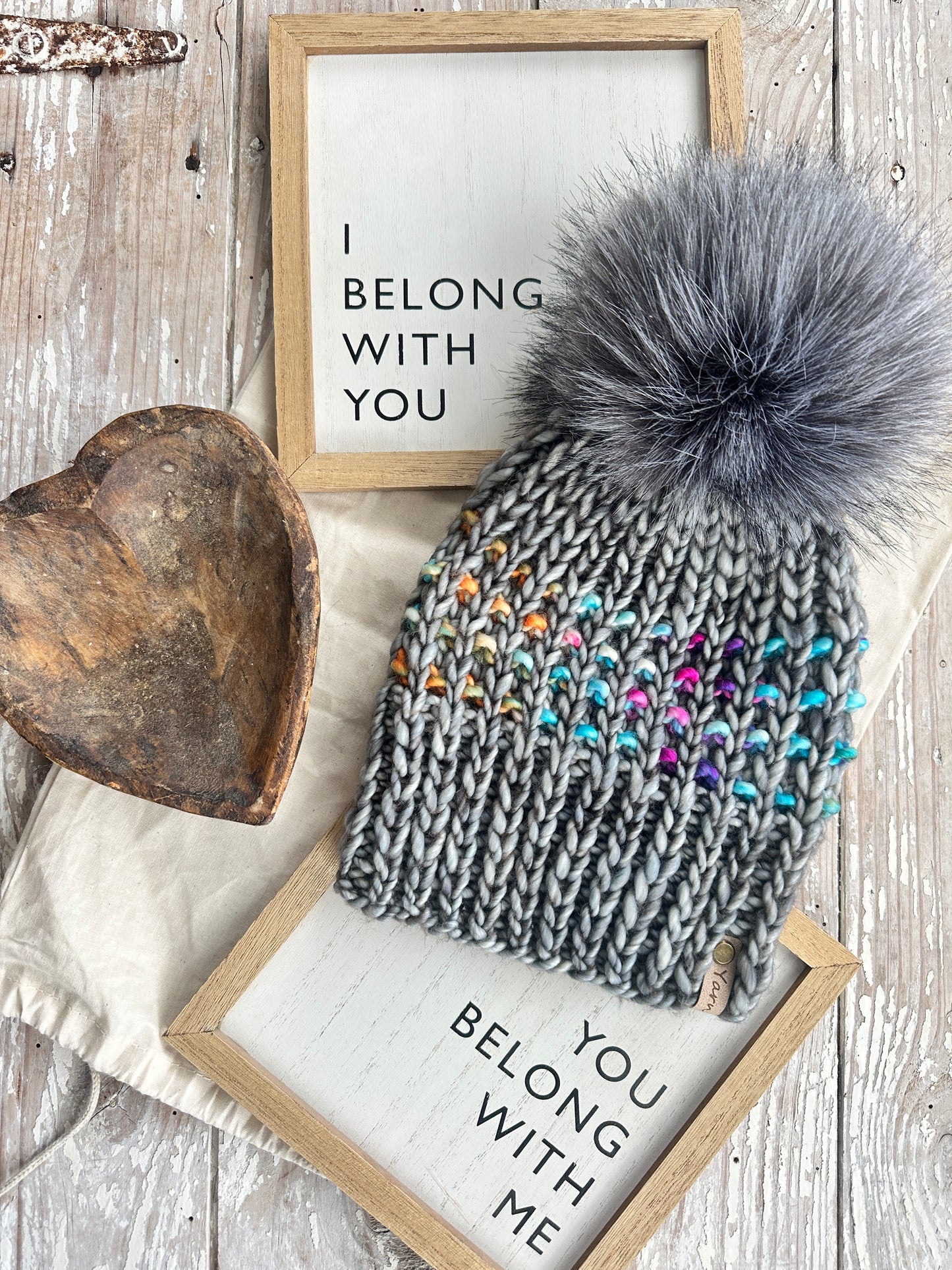 Merino wool knit hat with faux fur Pom