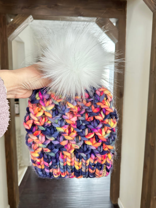 Merino wool knit hat with faux fur Pom