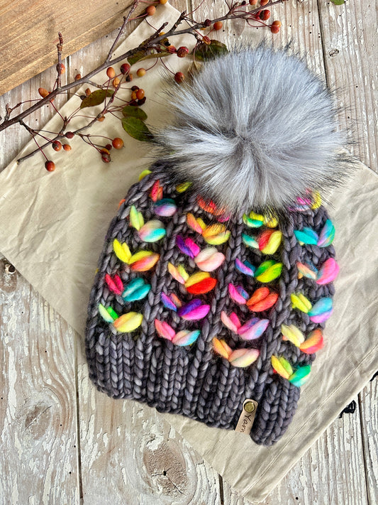 Merino wool knit hat with faux fur Pom