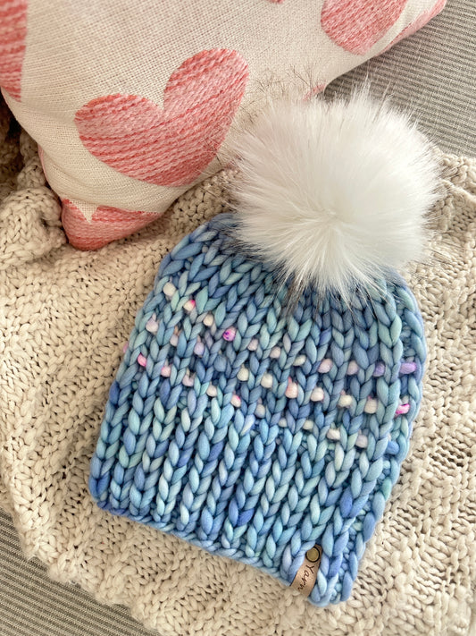 Merino wool knit hat with faux fur Pom