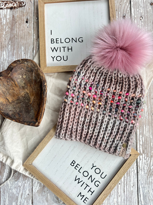 Merino wool knit hat with faux fur Pom