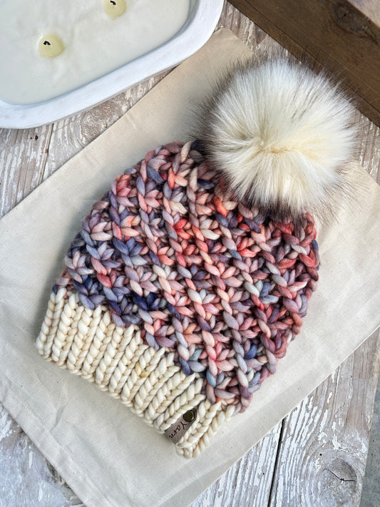 Merino wool knit hat with faux fur Pom