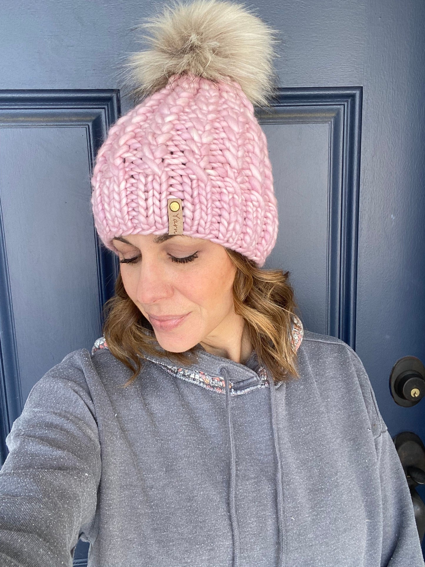 Merino wool knit hat with faux fur Pom